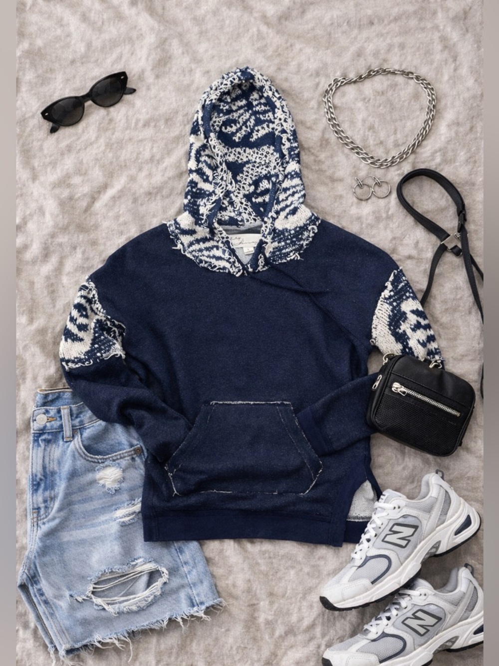 Navy and White Patterned Hoodie